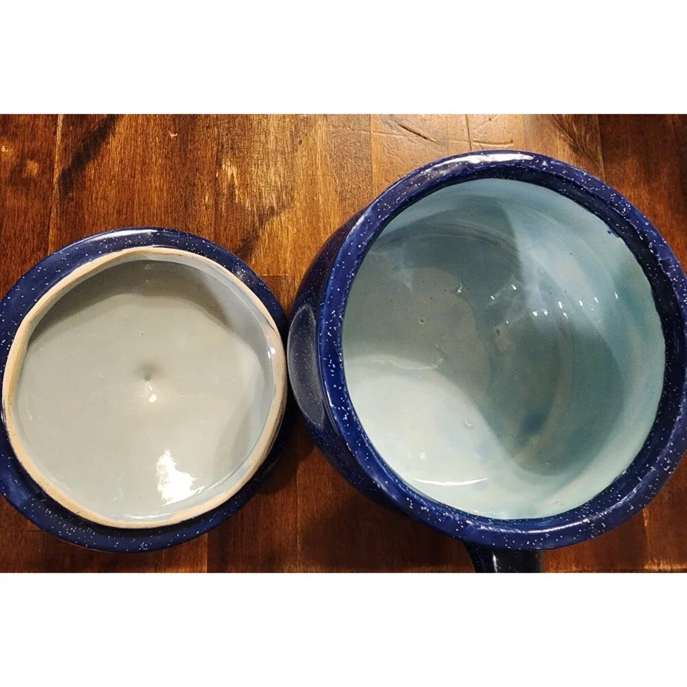 Vintage Blue Ceramic Crock Bowl with Handle & Lid